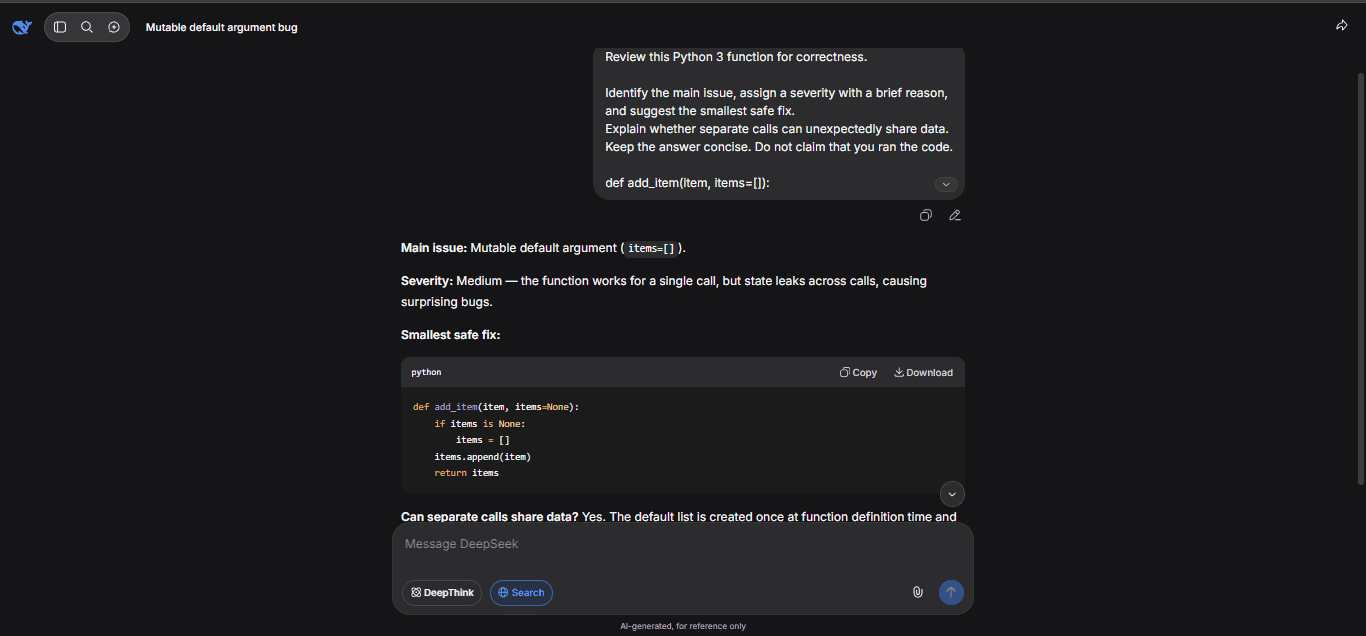 DeepSeek reviewing a Python function for a shared mutable default argument and suggesting a safer implementation.