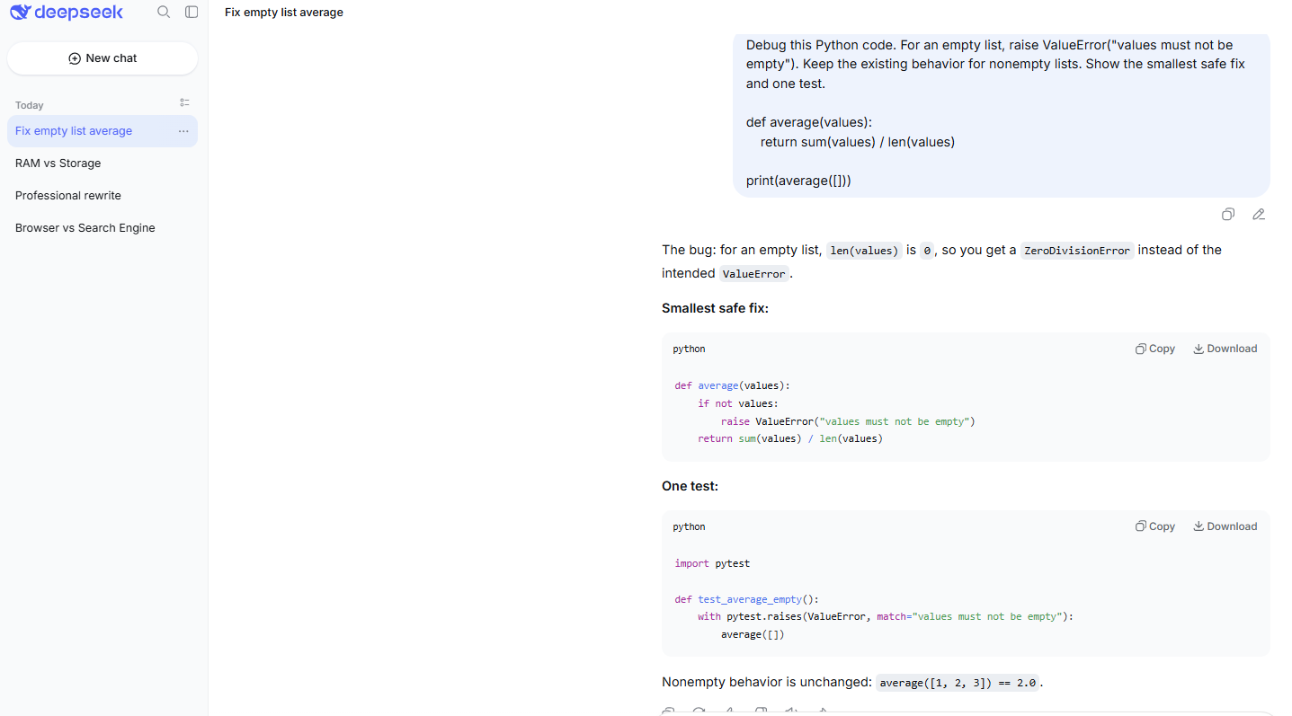 DeepSeek Chat explaining a Python ZeroDivisionError and suggesting a minimal code fix with a pytest test