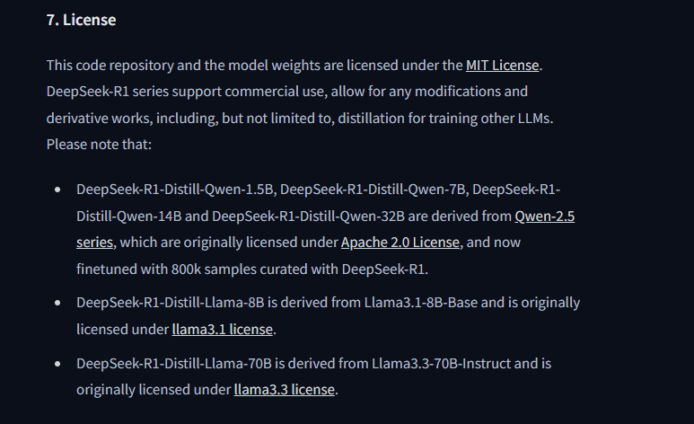 DeepSeek-R1 license section showing MIT licensing and base-model license notes for Qwen and Llama distilled models.