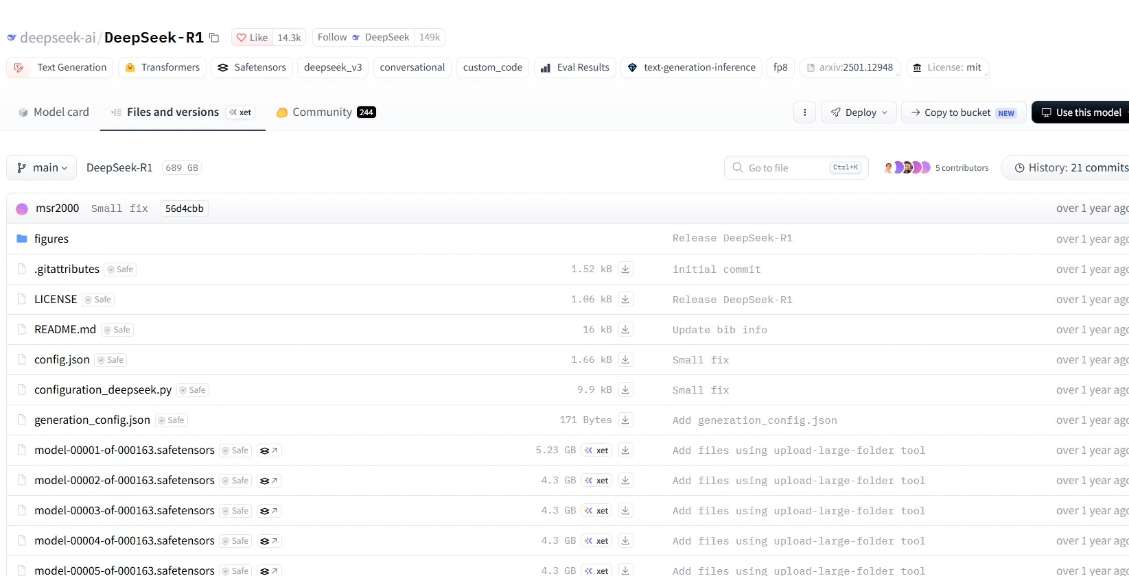 DeepSeek-R1 repository on Hugging Face showing the Files and versions tab, the MIT license badge, and model files