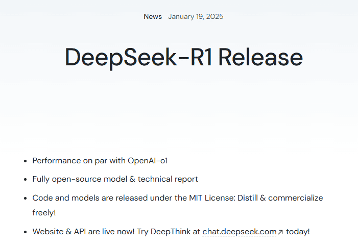 Official DeepSeek-R1 release announcement dated January 20, 2025