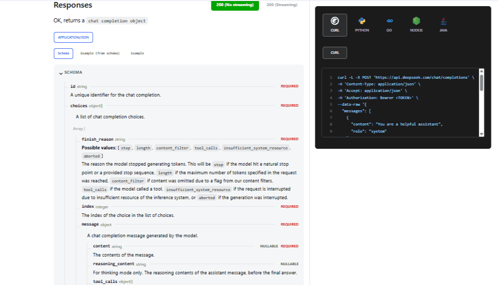DeepSeek Chat Completions response schema showing separate reasoning_content and content fields