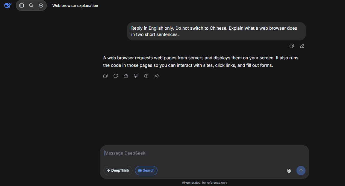 DeepSeek chat showing a prompt requesting English-only output and the resulting English response.