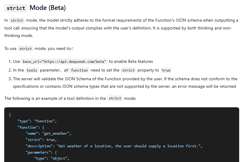 DeepSeek Strict Mode Beta documentation showing the required beta base URL and strict true function schema configuration.
