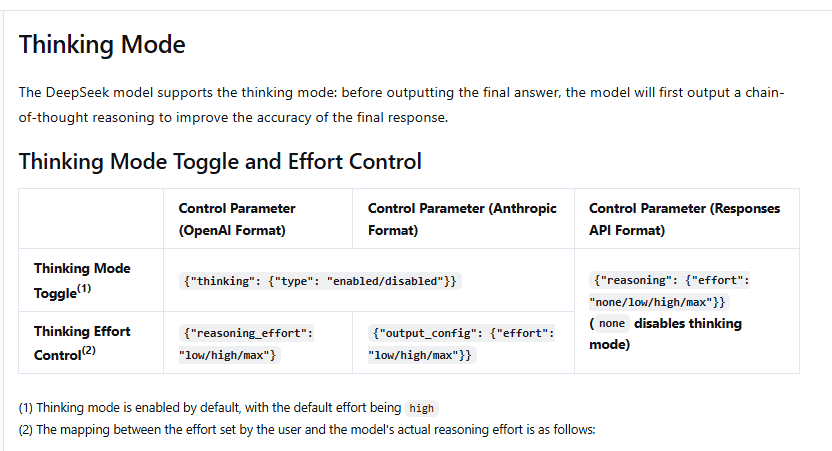 Official DeepSeek documentation showing thinking mode toggle and low high max reasoning effort controls
