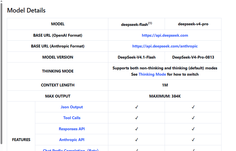DeepSeek official model table showing thinking mode support for DeepSeek V4.1 Flash and V4 Pro