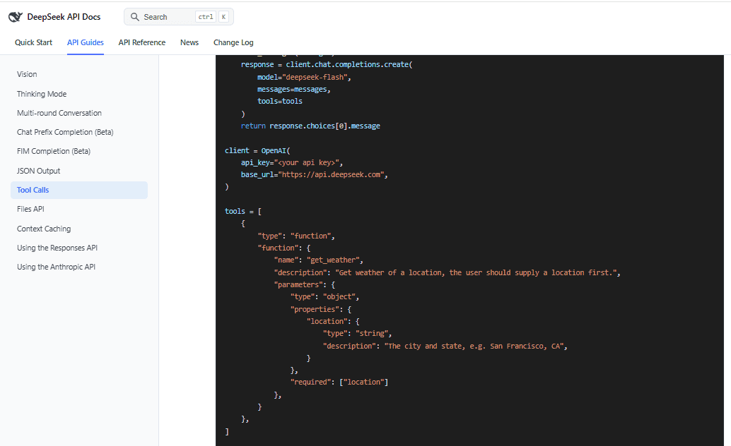 DeepSeek API function tool definition showing the function name, description, parameters, and JSON Schema.