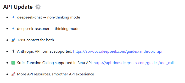 DeepSeek V3.1 release notes mapping deepseek-chat to non-thinking mode and deepseek-reasoner to thinking mode.