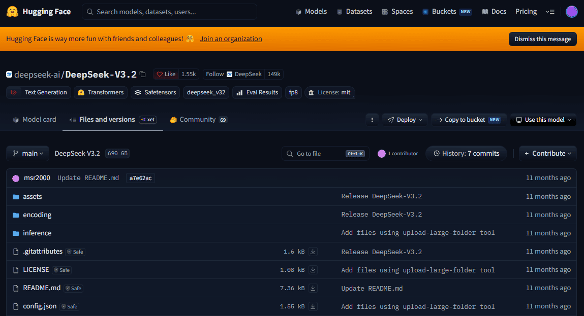 Official DeepSeek-V3.2 repository on Hugging Face showing the MIT license and downloadable model weight files.