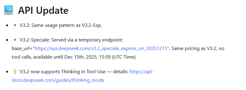 DeepSeek V3.2 release notes showing Speciale’s temporary API endpoint, lack of tool calls, and announced availability deadline.