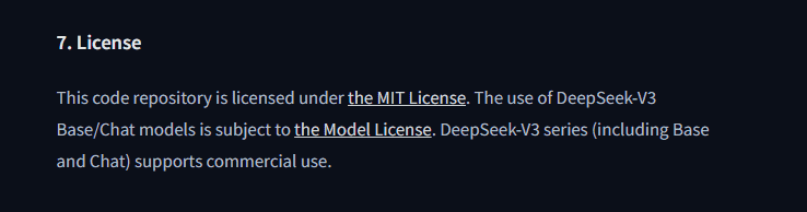 DeepSeek-V3 license section distinguishing the MIT code license from the separate license for Base and Chat models.