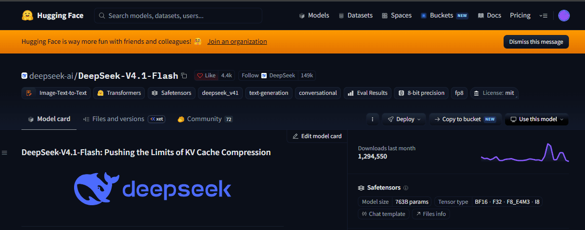 DeepSeek V4.1 Flash on Hugging Face showing the official publisher, Image-Text-to-Text task, and MIT license.