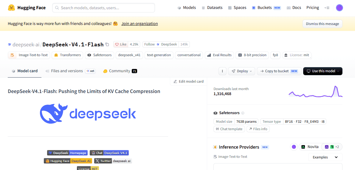Official DeepSeek V4.1 Flash model repository on Hugging Face showing the model name MIT license and model files
