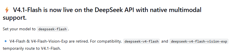 Official DeepSeek release notes showing the deepseek-flash API model name and legacy Flash aliases.