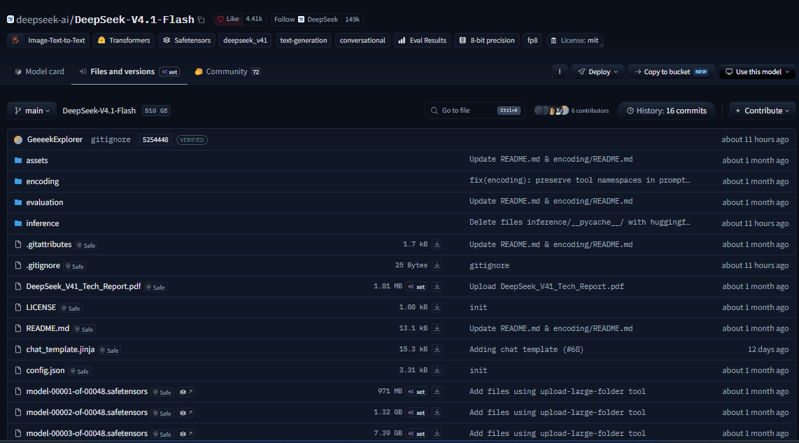 DeepSeek-V4.1-Flash official Hugging Face repository showing publicly available Safetensors model weight files.