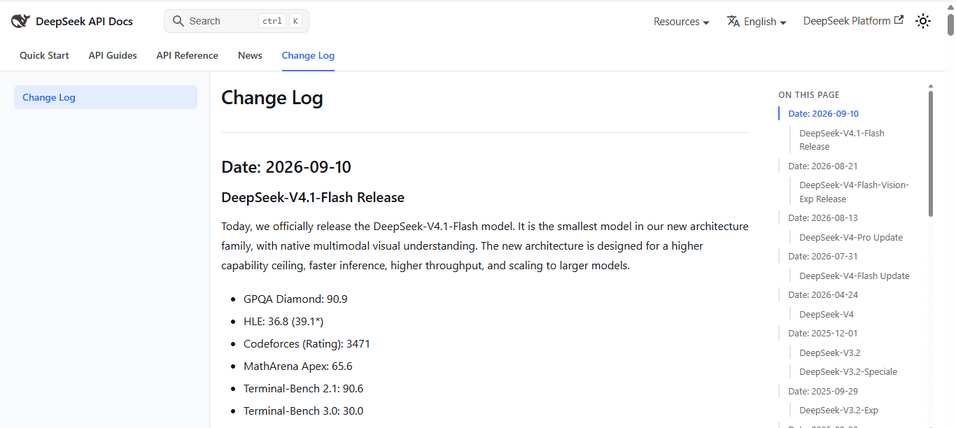 Official DeepSeek change log documenting the September 10 2026 release of DeepSeek V4.1 Flash