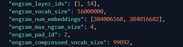 Official DeepSeek-V4.1-Flash configuration showing Engram layer IDs and memory embedding parameters.