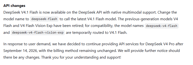 DeepSeek API change log confirming continued V4 Pro service after September 14, 2026
