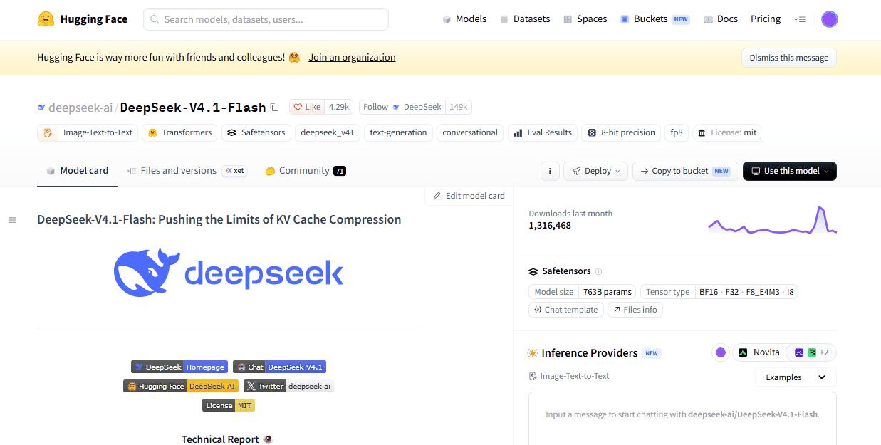Official DeepSeek V4.1 Flash Hugging Face model repository showing model details, license and downloadable files.