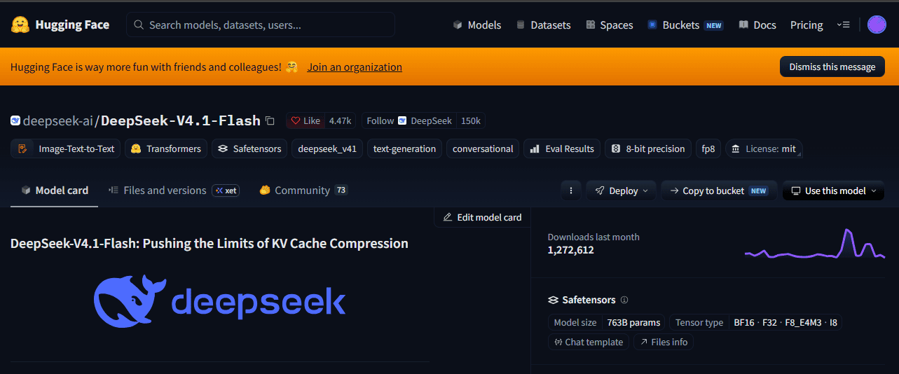 DeepSeek-V4.1-Flash model card on Hugging Face showing the deepseek-ai publisher and MIT license.