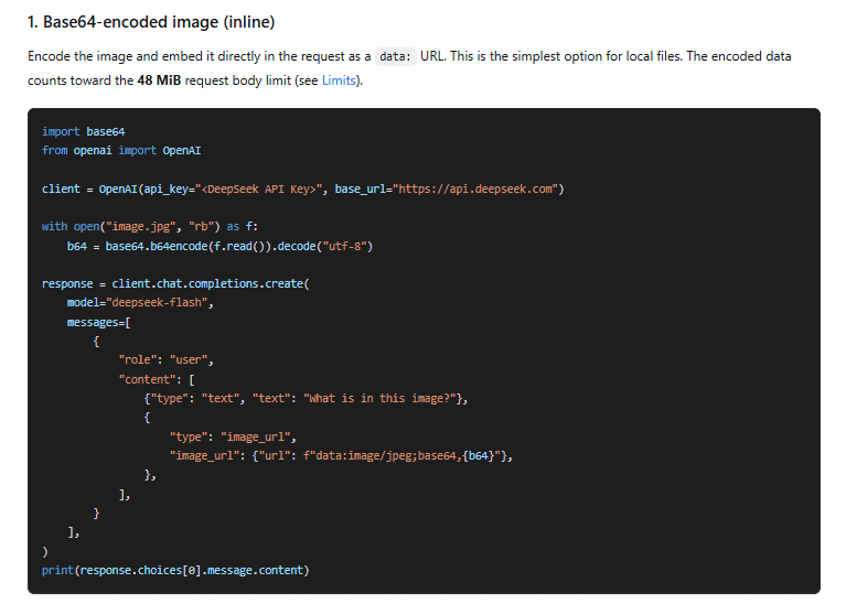 Official DeepSeek Vision API Python example showing how to send a Base64 image using image_url and deepseek-flash.