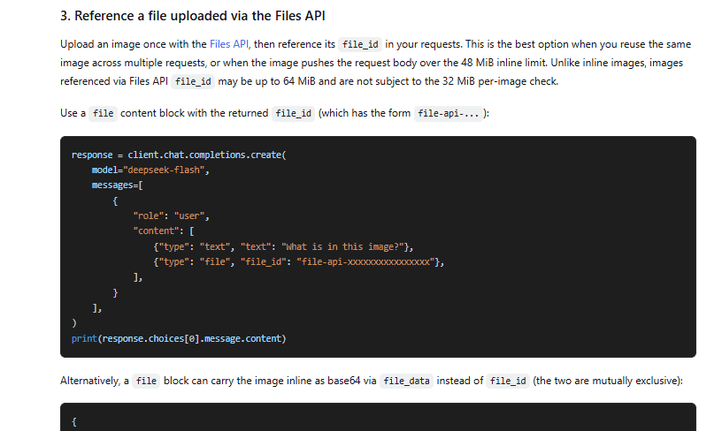 DeepSeek Vision documentation showing how to reference an uploaded image using a file_id content block.
