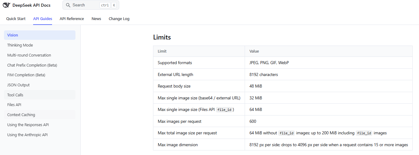 DeepSeek Vision API documentation showing supported image formats, maximum file sizes, image count, and dimension limits