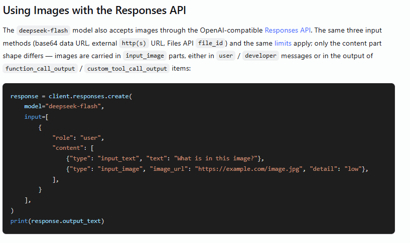 DeepSeek Responses API example using input_text and input_image content parts to analyze an image