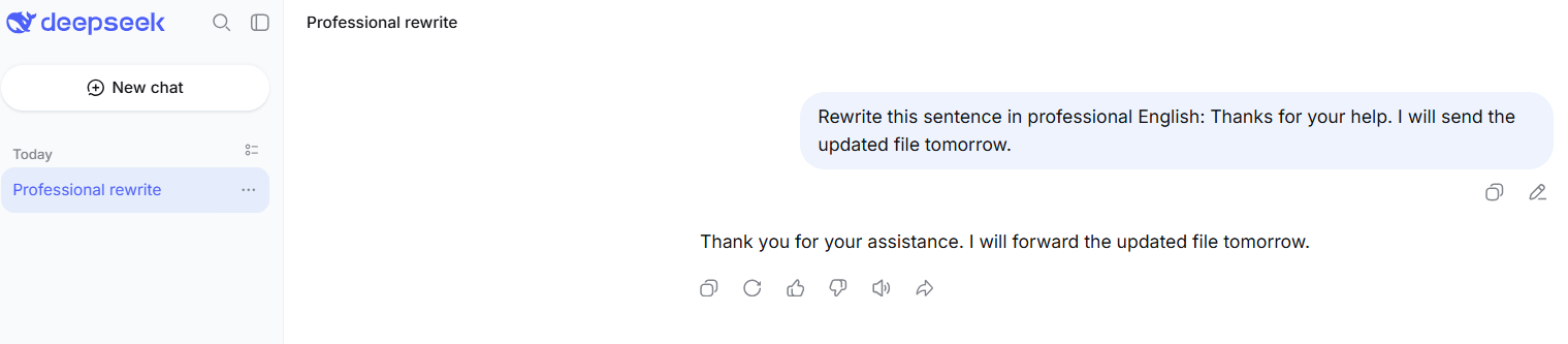 DeepSeek web chat showing an English rewriting request and its response