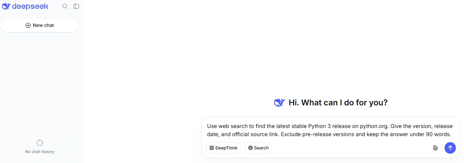 DeepSeek chat interface showing the Search option and a web search prompt before submission