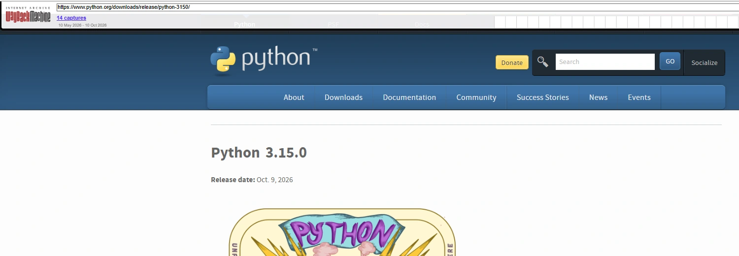 Archived Python 3.15.0 release page showing the October 9, 2026 release date