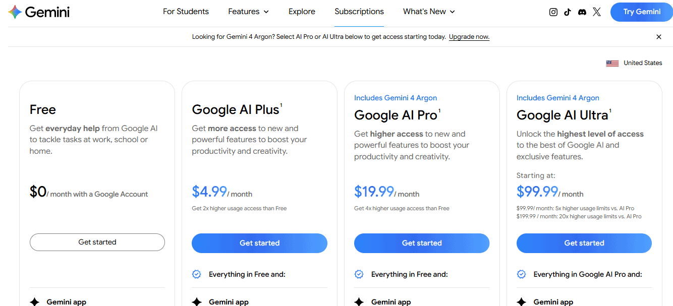 Gemini subscription plans showing Free, Google AI Plus, Google AI Pro, and Google AI Ultra with US monthly prices.