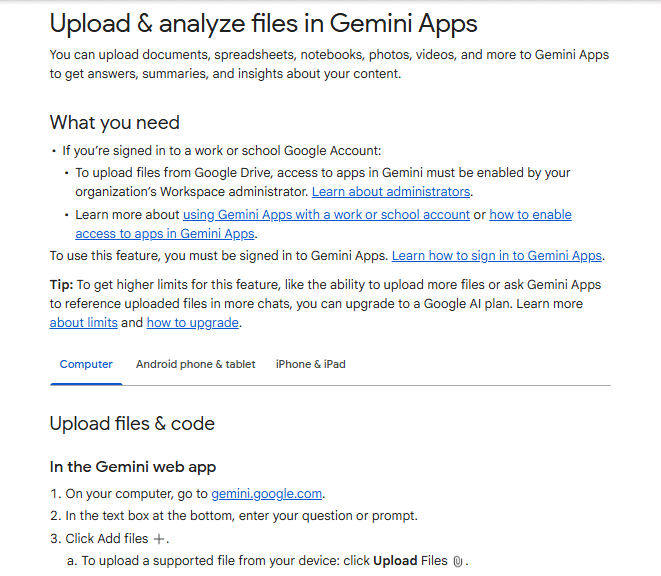 Gemini Help page describing supported uploads and the steps for adding files in the Gemini web app.