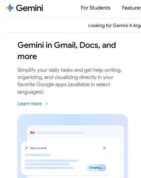 Google AI subscription page showing Gemini integration with Gmail and Docs and an example Gmail interface.