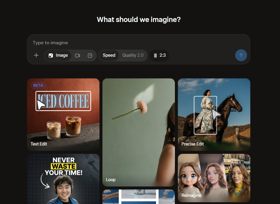 Grok Imagine interface showing image and video creation controls, image editing tools, and visual examples.