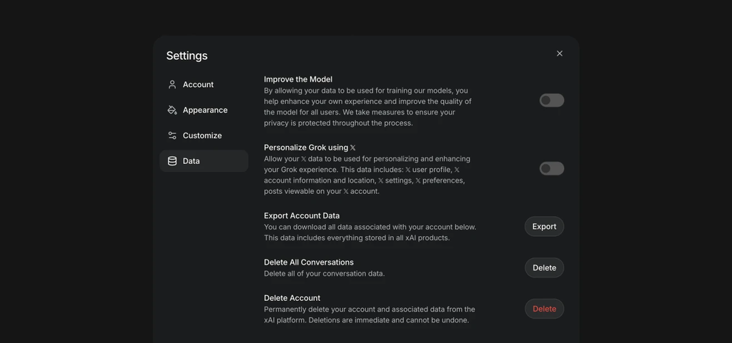 Grok Data settings showing the Improve the Model training control and personalization options.