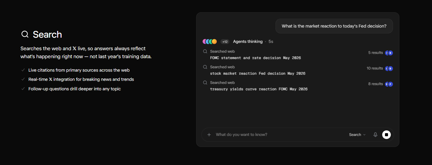 Official Grok Search feature demonstrating live web research, real-time X integration, and source citations.