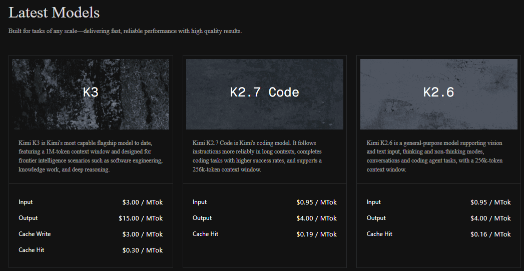 Kimi API model cards showing token pricing for K3, K2.7 Code, and K2.6.