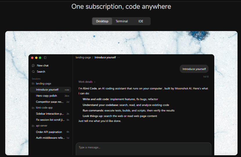 Kimi Code product page showing Desktop, Terminal, and IDE options with a coding-assistant demo.