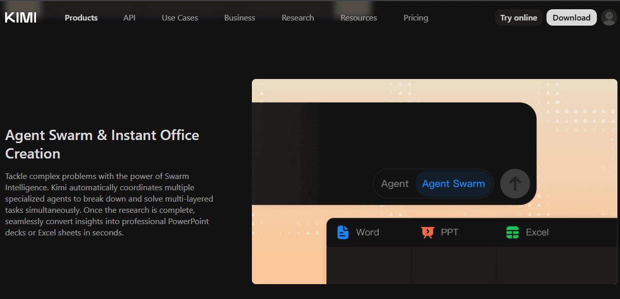 Kimi Work product page showing Agent Swarm alongside Word, PPT, and Excel options.