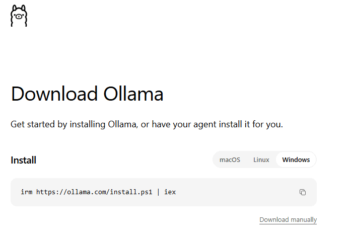 Ollama download page with Windows selected and the manual installer download link visible.
