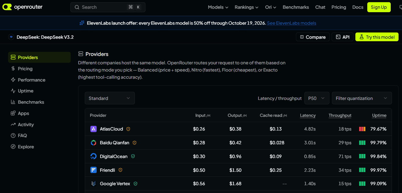 OpenRouter DeepSeek V3.2 providers table comparing input and output pricing, latency, throughput, and uptime.