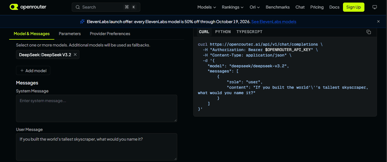 OpenRouter Request Builder configured with a DeepSeek model and displaying generated cURL request code.