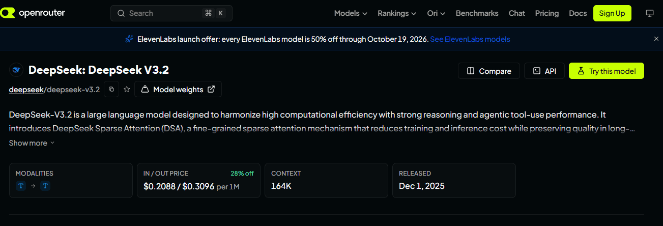 OpenRouter DeepSeek V3.2 model page showing the model slug, context window, and token pricing.